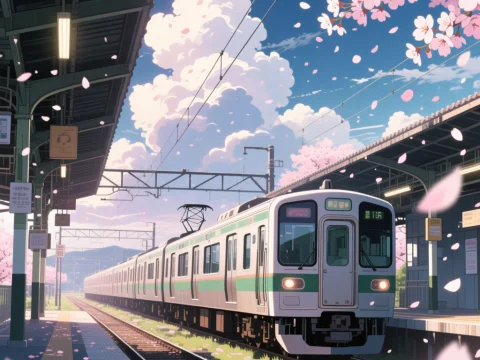 Anime Train Station with Cherry Blossoms in Spring