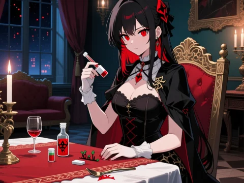 Anime Vampire Woman with Red Eyes in Gothic Setting