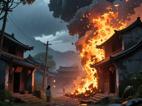 Anime Village Burning in the Rain