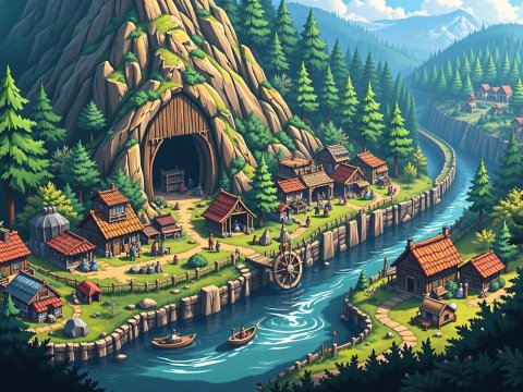 Anime Village by a River with Mountain Cave Entrance