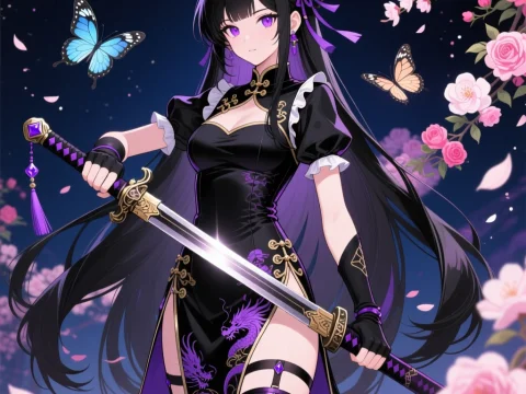 Anime Warrior Girl in Black and Purple Cheongsam with Katana