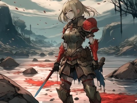 Anime Warrior Girl in Bloodied Armor by a River