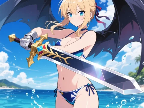 Anime Warrior Girl with Sword and Black Wings at the Beach
