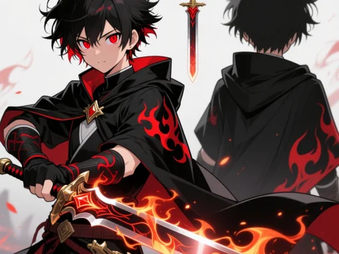 Anime Warrior Kaito with Flaming Sword