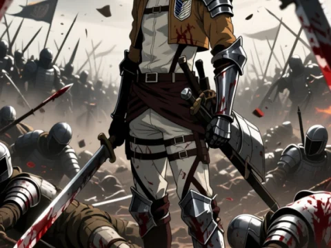 Anime Warrior Standing Amidst Battlefield Chaos