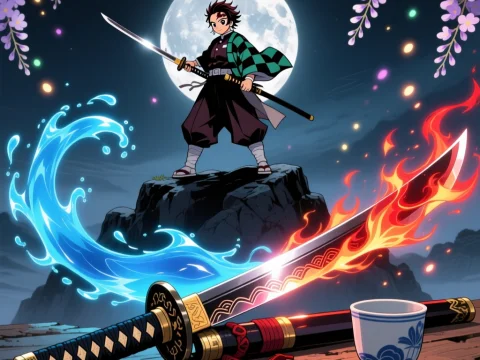 Anime Warrior with Elemental Katanas Under Full Moon