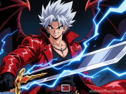 Anime Warrior with Lightning Sword and Demon Wings