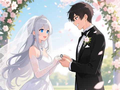 Anime Wedding Ceremony with Bride and Groom Exchanging Rings