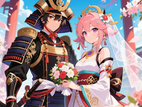 Anime Wedding Scene with Samurai and Bride in Traditional Attire