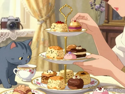 Anime Woman Arranging Pastries with Curious Cat