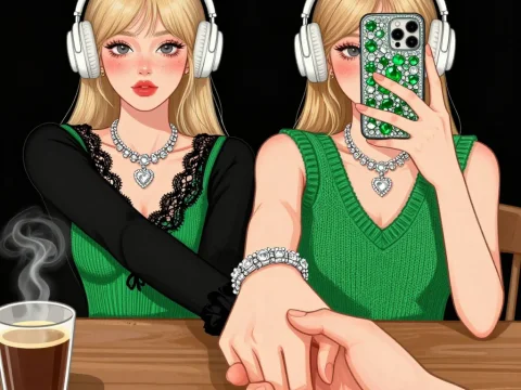 Anime Woman Holding Hand and Taking Selfie with Headphones