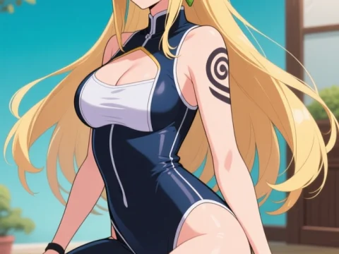 Anime Woman in Yoga Outfit Kneeling on Mat