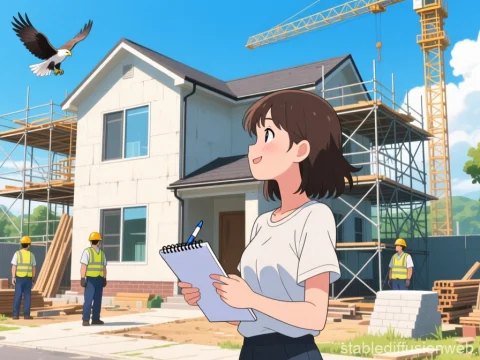 Anime Woman Observing New House Construction