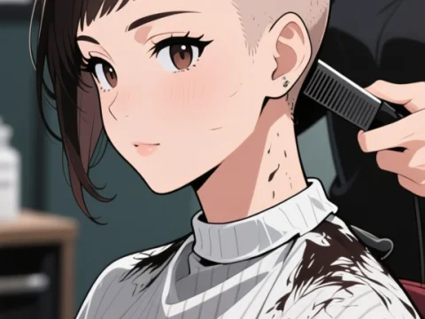 Anime Woman Shaving Head to Skinhead Style