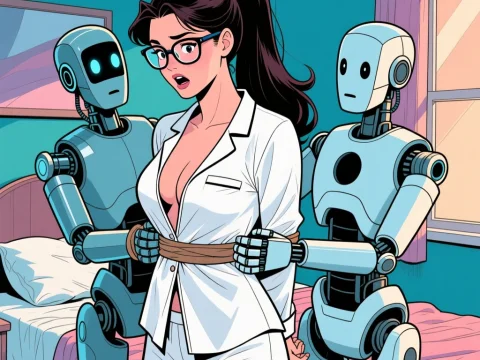 Anime Woman Tied by Robots in Bedroom Scene