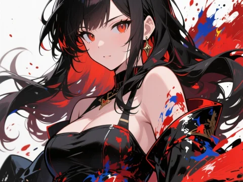 Anime Woman with Black Hair and Paint Splashes