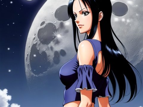 Anime Woman with Long Black Hair Under a Large Moon