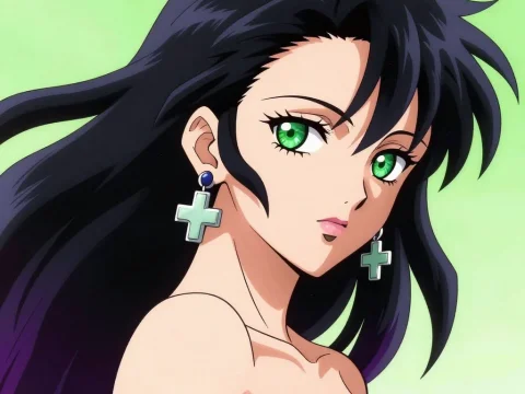 Anime Woman with Striking Green Eyes and Cross Earrings