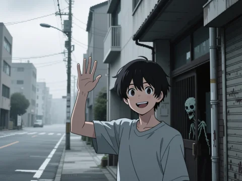 Anime Young Man Waving on Quiet Urban Street