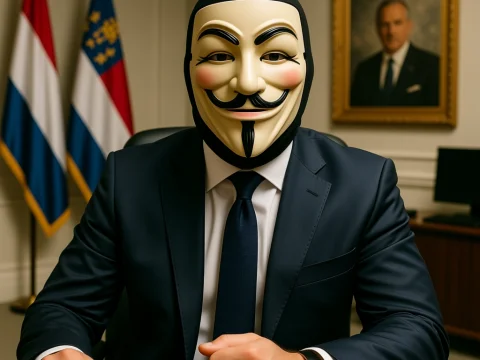 Anonymous Businessman Wearing Guy Fawkes Mask in Office