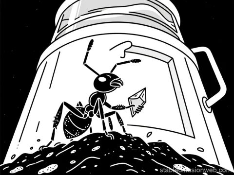 Ant Holding a Crystal in Front of a Giant Container