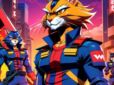 Anthropomorphic Cat Warriors in Futuristic Cityscape