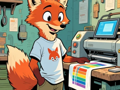 Anthropomorphic Fox Designing T-Shirt in Workshop