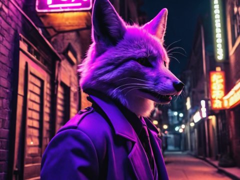 Anthropomorphic Fox in Neon-Lit Urban Night Scene