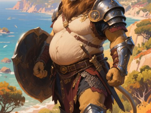 Anthropomorphic Lion Warrior in Armor by the Coast