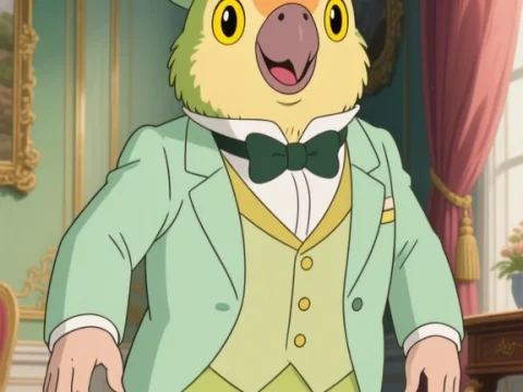Anthropomorphic Parakeet in Elegant Suit and Top Hat