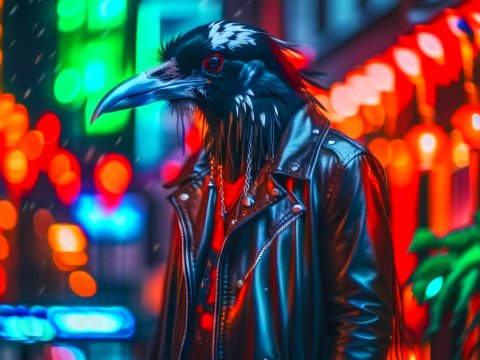 Anthropomorphic Raven in Neon Cityscape
