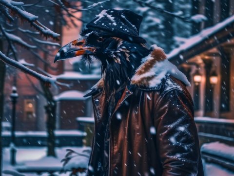 Anthropomorphic Raven in Winter Coat Amid Snowy Urban Night