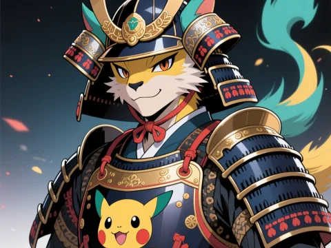 Anthropomorphic Samurai with Pikachu Emblem Armor