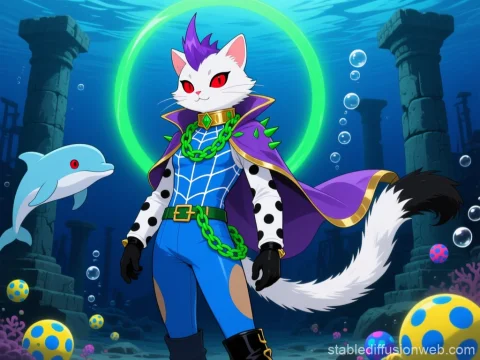 Anthropomorphic White Cat Hero in Underwater Ruins