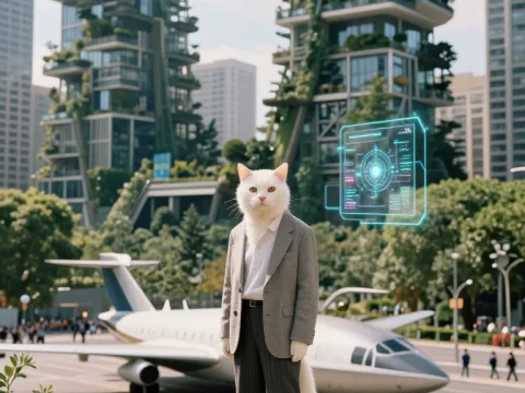 Anthropomorphic White Cat in Business Suit with Futuristic Cityscape