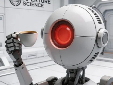 Aperture Science Robot Enjoying a Cup of Coffee