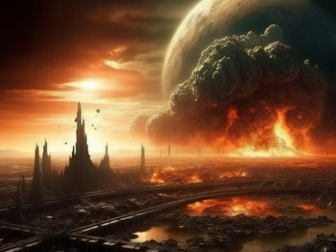 Apocalyptic Alien Landscape with Fiery Explosion