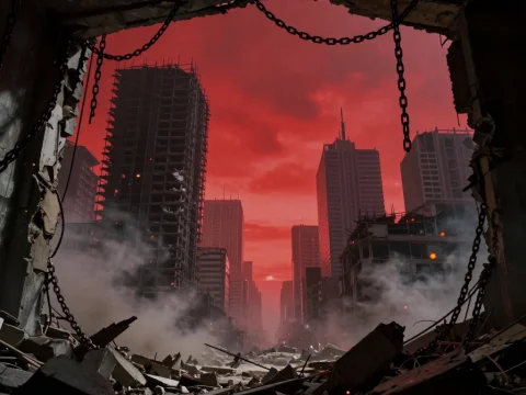 Apocalyptic City Ruins at Red Sunset