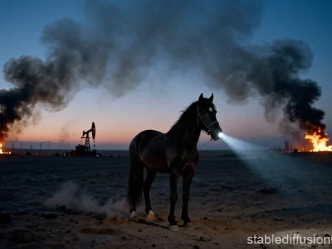 Apocalyptic Desert Horse with Headlamp at Dusk