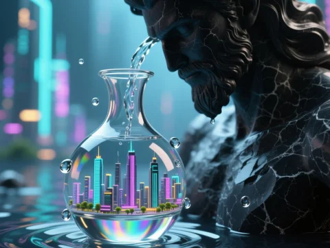 Aquarius Stone Figure Pouring Water into Neon Cityscape