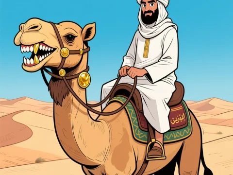 Arab Sheikh Riding a Camel in Desert Cartoon