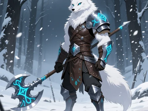 Arctic Fox Warrior in Enchanted Snowy Forest
