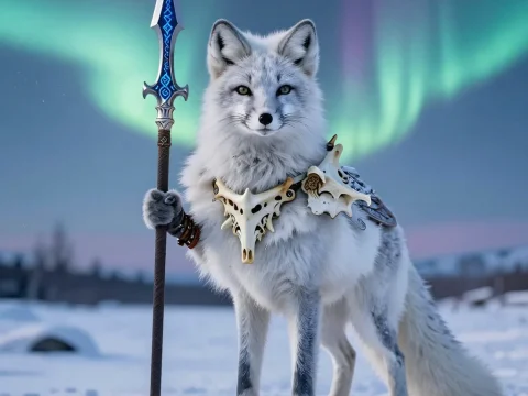 Arctic Fox Warrior with Spear under Northern Lights