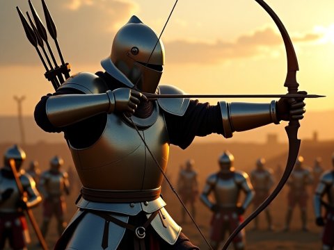 Armored Archer Ready to Shoot at Sunset