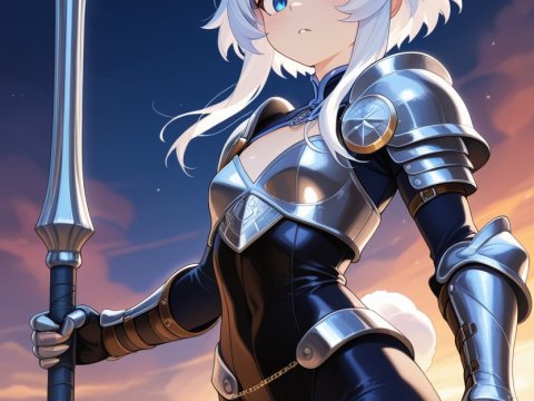 Armored Bunny Warrior with Spear at Sunset