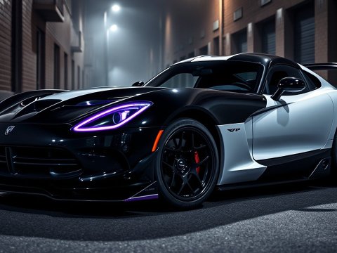 Armored Dodge Viper with Neon Headlights in Urban Night Setting