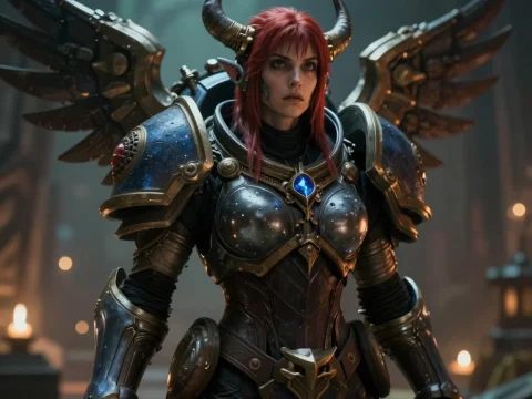 Armored Female Warrior with Horns and Wings