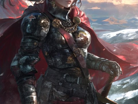 Armored Female Warrior with Red Cape in Snowy Landscape