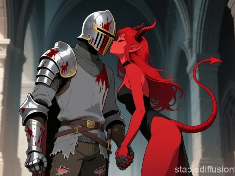 Armored Knight and Demoness Sharing a Tender Moment