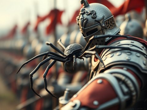 Armored Knight Facing a Giant Mechanical Spider